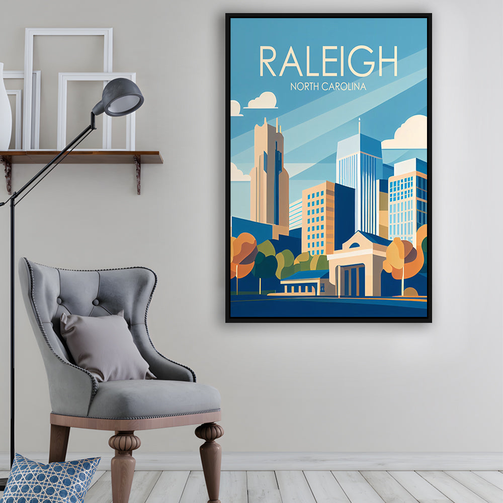 Raleigh North Carolina Retro Art Print, Raleigh City Wall Art, Floating Framed Canvas Print, Framed Picture, Painting Canvas