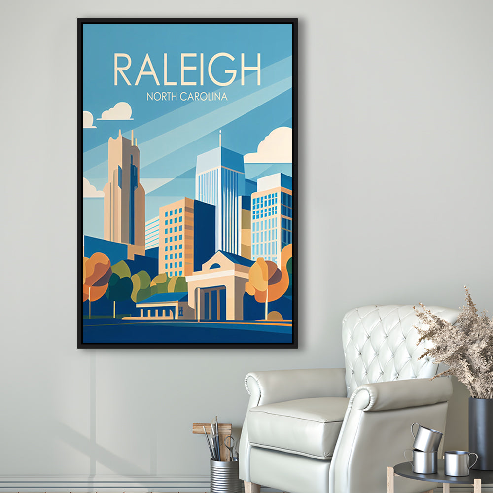 Raleigh North Carolina Retro Art Print, Raleigh City Wall Art, Floating Framed Canvas Print, Framed Picture, Painting Canvas