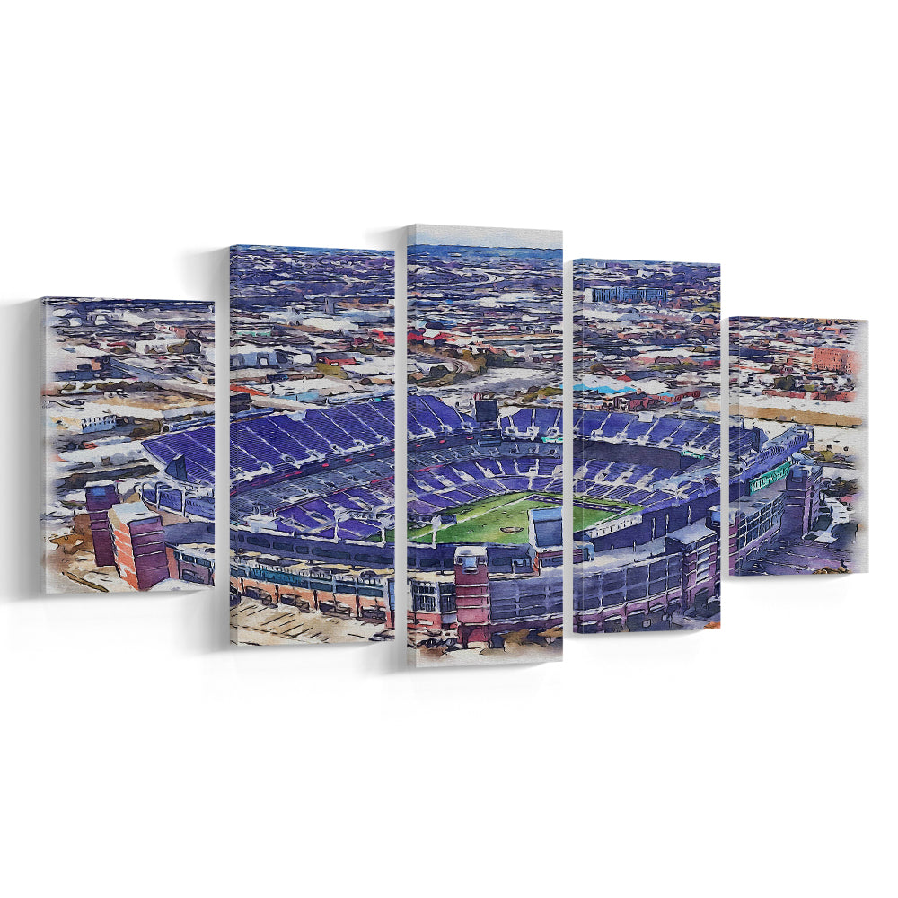 Ravens Stadium, M&T Bank Painting Stadium Watercolor, Sport Art, Mixed 5 Panel, Canvas Print Wall Art