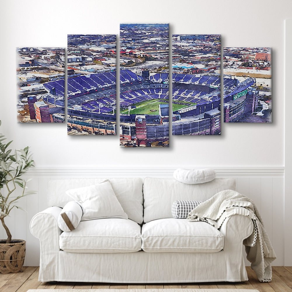 Ravens Stadium, M&T Bank Painting Stadium Watercolor, Sport Art, Mixed 5 Panel, Canvas Print Wall Art