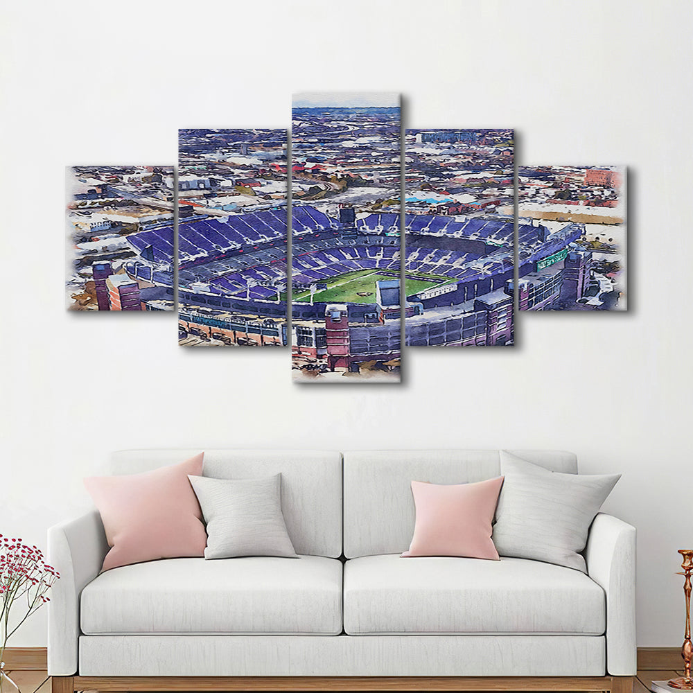 Ravens Stadium, M&T Bank Painting Stadium Watercolor, Sport Art, Mixed 5 Panel, Canvas Print Wall Art