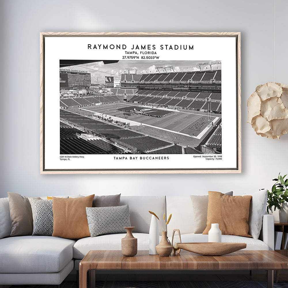 Raymond James Stadium Black And White, Home Of Tampa Bay Buccaneers, Fan Gifts, Framed Canvas Print Wall Art
