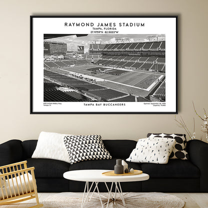 Raymond James Stadium Black And White, Home Of Tampa Bay Buccaneers, Fan Gifts, Framed Canvas Print Wall Art