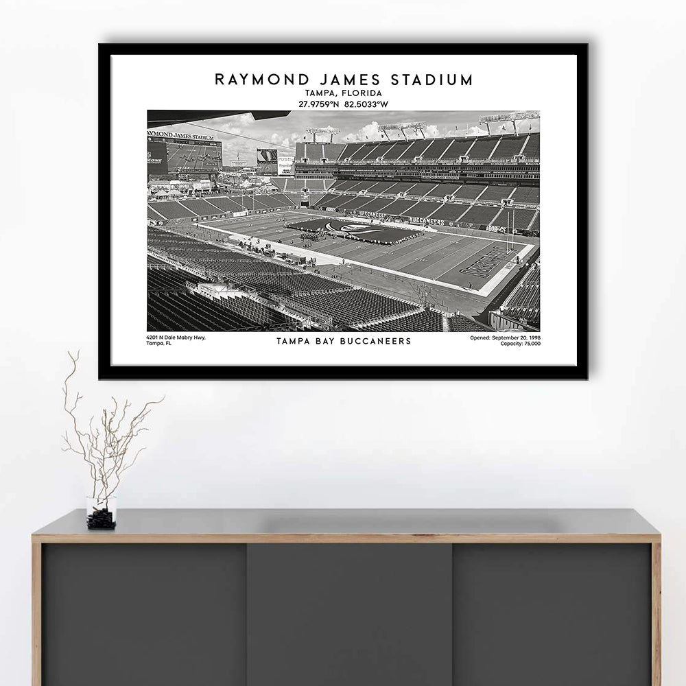 Raymond James Stadium Black And White, Home Of Tampa Bay Buccaneers, Fan Gifts, Framed Art Print Wall Decor