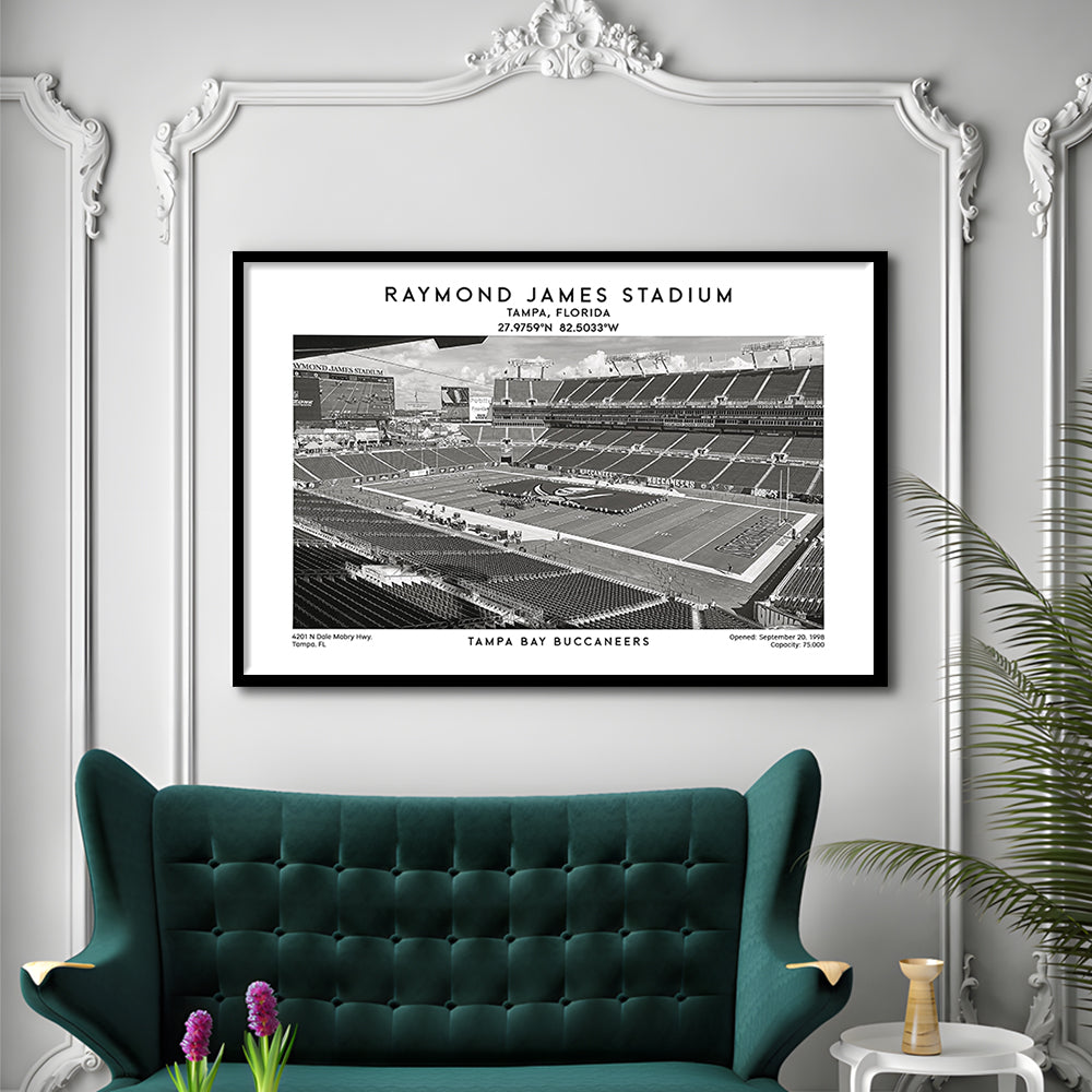 Raymond James Stadium Black And White, Home Of Tampa Bay Buccaneers, Fan Gifts, Framed Art Print Wall Decor