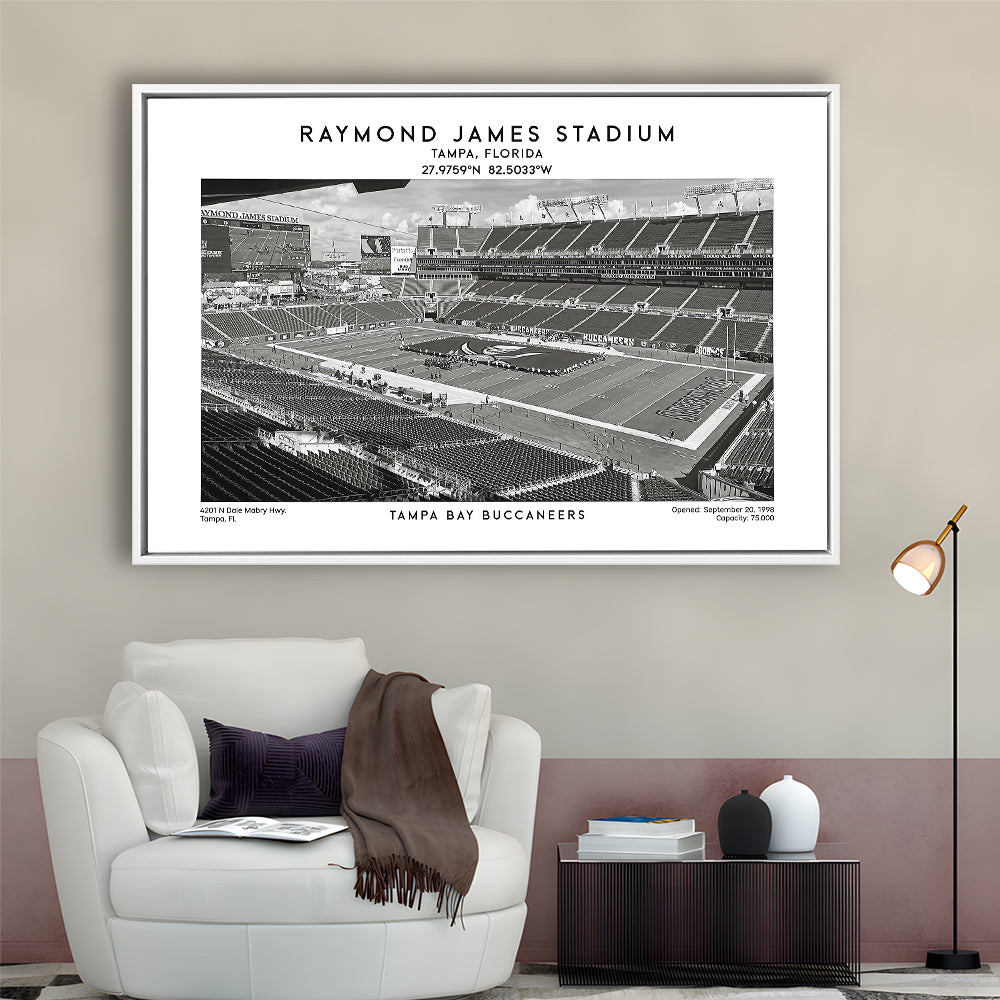 Raymond James Stadium Black And White, Home Of Tampa Bay Buccaneers, Fan Gifts, Framed Canvas Print Wall Art