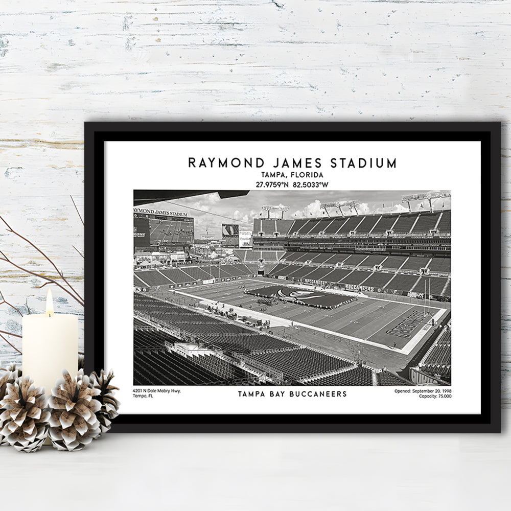 Raymond James Stadium Black And White, Home Of Tampa Bay Buccaneers, Fan Gifts, Framed Canvas Print Wall Art