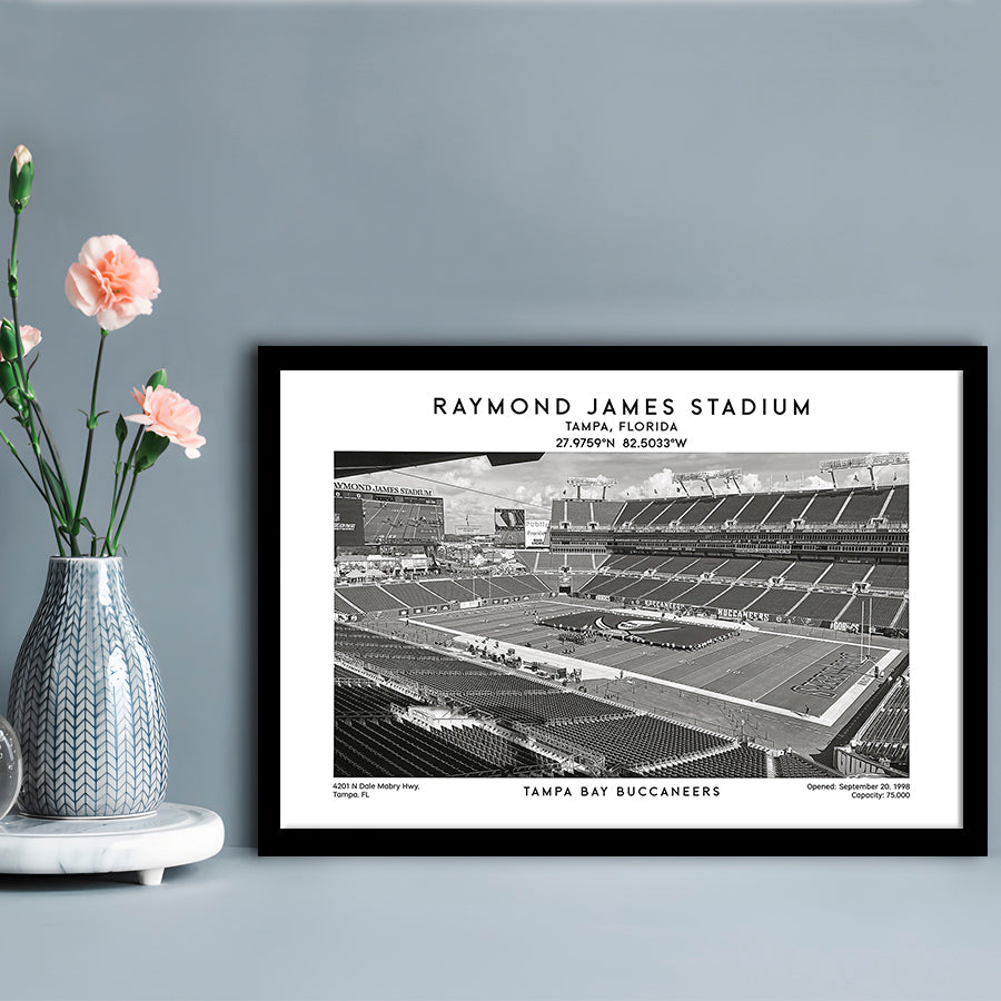 Raymond James Stadium Black And White, Home Of Tampa Bay Buccaneers, Fan Gifts, Framed Art Print Wall Decor