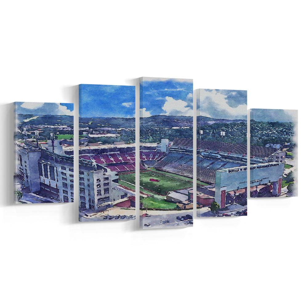 Razorback Stadium, Arkansas Painting Stadium Watercolor, Sport Art, Mixed 5 Panel, Canvas Print Wall Art