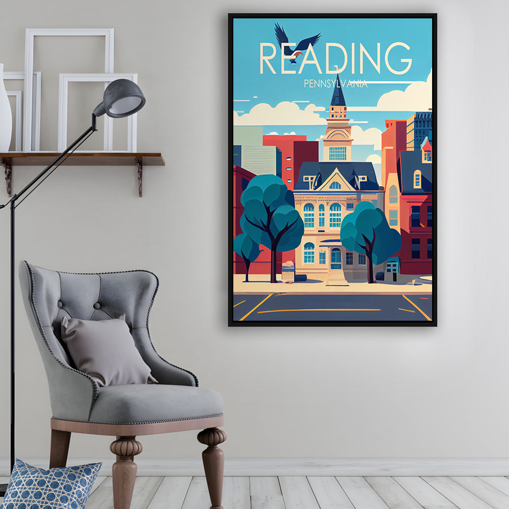 Reading Pennsylvania Retro Art Print, Reading City Wall Art, Floating Framed Canvas Print, Framed Picture, Painting Canvas