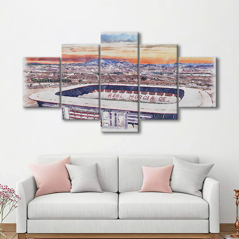 Real Murcia, Estadio Nueva Condomina Painting Stadium Watercolor, Sport Art, Mixed 5 Panel, Canvas Print Wall Art