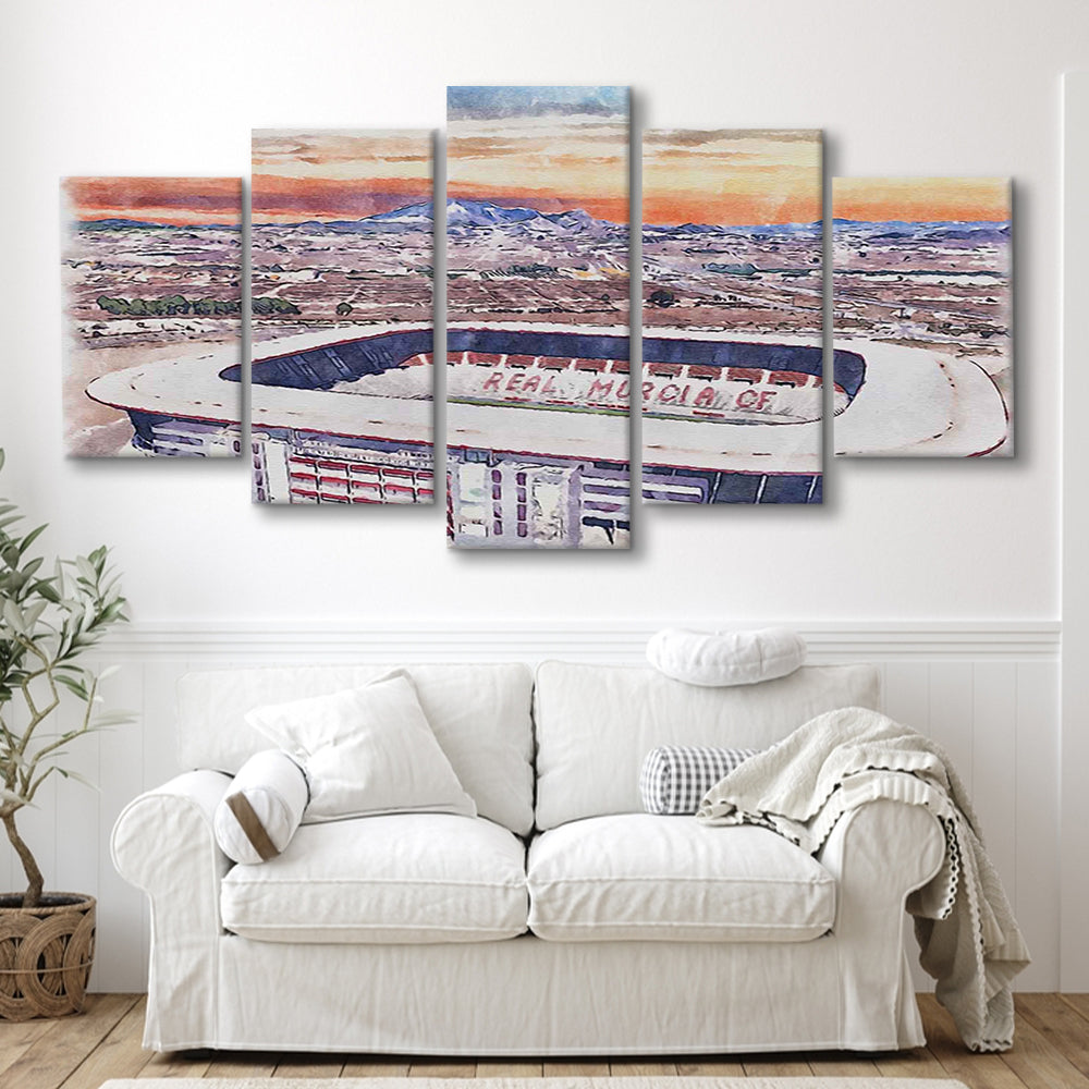 Real Murcia, Estadio Nueva Condomina Painting Stadium Watercolor, Sport Art, Mixed 5 Panel, Canvas Print Wall Art