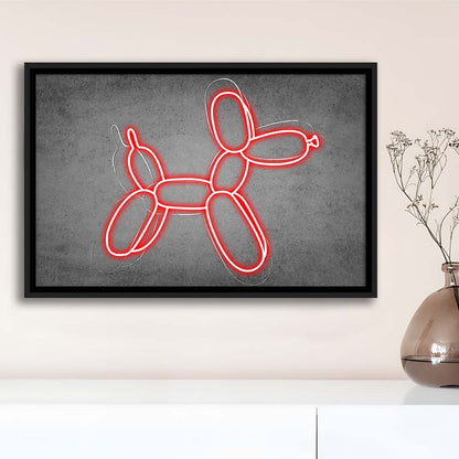 Red Balloon Dog Art Print, Framed Canvas Print Wall Art Decor, Floating Frame, Neon Effect Art