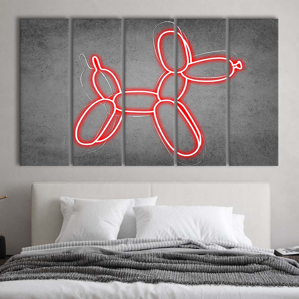 Red Balloon Dog Art Print, Extra Large 5 Panels Multi Canvas Print Wall Art, Home Decor