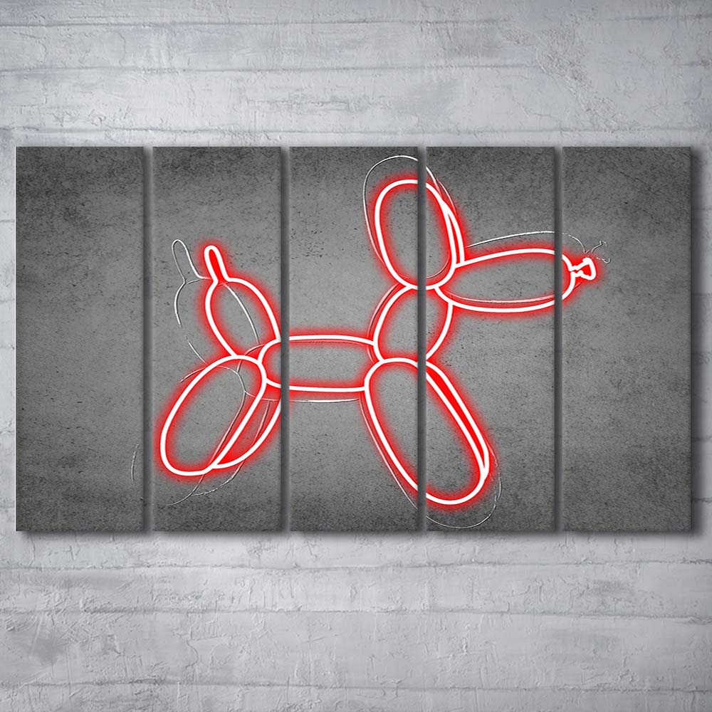 Red Balloon Dog Art Print, Extra Large 5 Panels Multi Canvas Print Wall Art, Home Decor