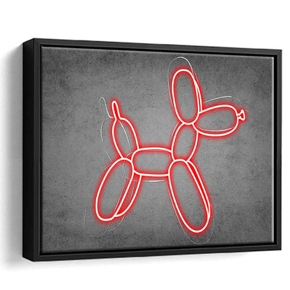 Red Balloon Dog Art Print, Framed Canvas Print Wall Art Decor, Floating Frame, Neon Effect Art