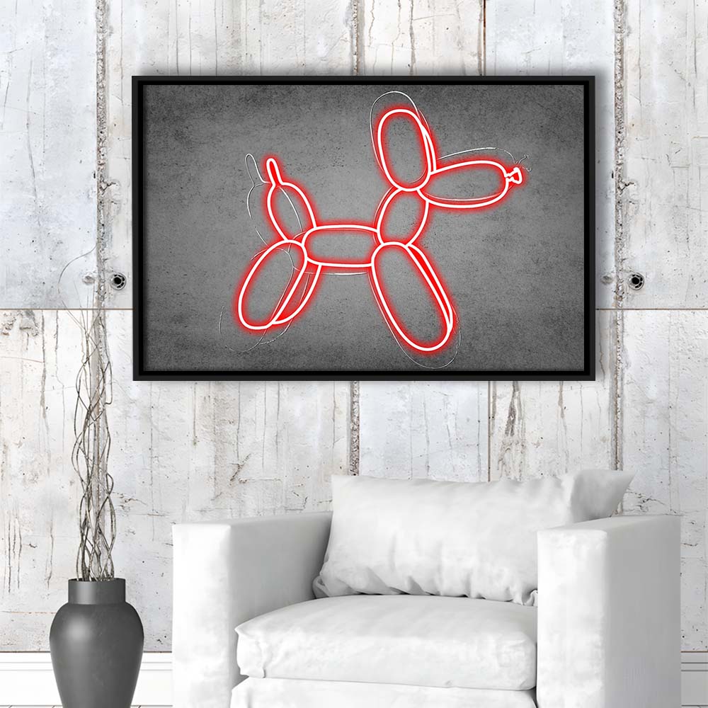 Red Balloon Dog Art Print, Framed Canvas Print Wall Art Decor, Floating Frame, Neon Effect Art