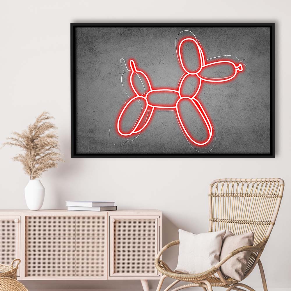 Red Balloon Dog Art Print, Framed Canvas Print Wall Art Decor, Floating Frame, Neon Effect Art