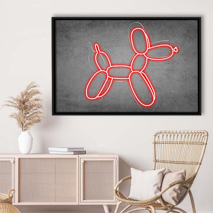 Red Balloon Dog Art Print, Framed Canvas Print Wall Art Decor, Floating Frame, Neon Effect Art