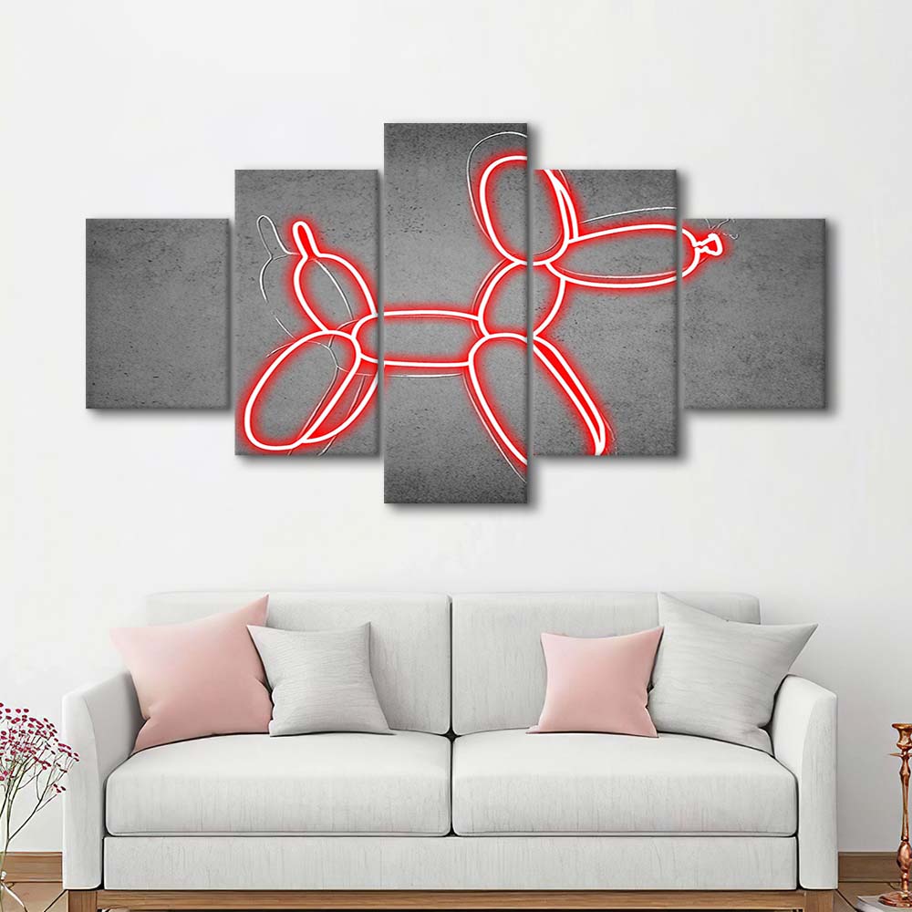 Red Balloon Dog Art Print, 5 Panel Mixed Canvas Print Wall Art, Home Decor, Neon Canvas