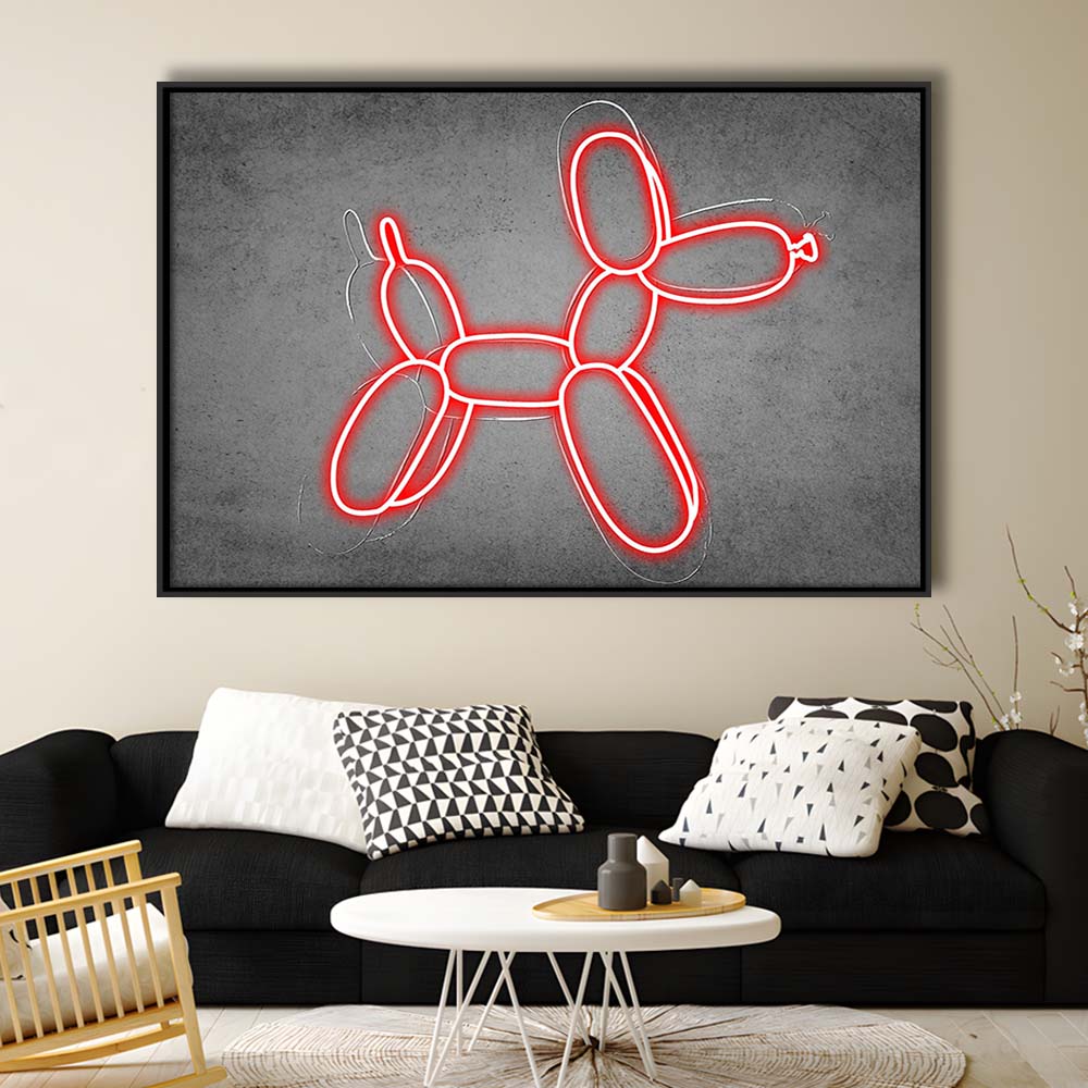 Red Balloon Dog Art Print, Framed Canvas Print Wall Art Decor, Floating Frame, Neon Effect Art