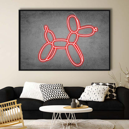 Red Balloon Dog Art Print, Framed Canvas Print Wall Art Decor, Floating Frame, Neon Effect Art