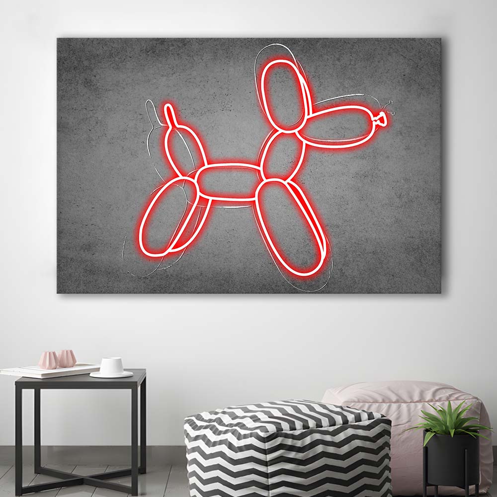 Red Balloon Dog Art Print, Canvas Print Wall Art, Wall Decor, Neon Effect Art