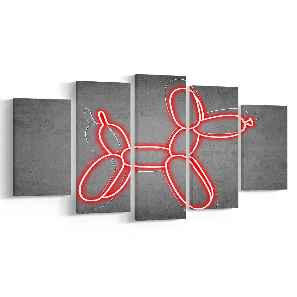 Red Balloon Dog Art Print, 5 Panel Mixed Canvas Print Wall Art, Home Decor, Neon Canvas