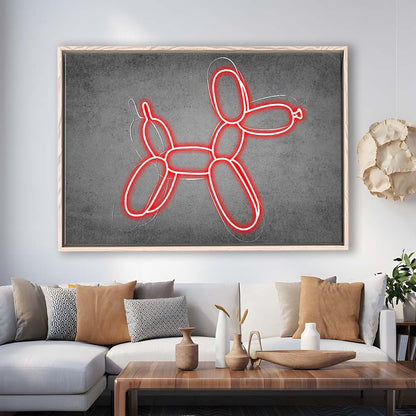 Red Balloon Dog Art Print, Framed Canvas Print Wall Art Decor, Floating Frame, Neon Effect Art