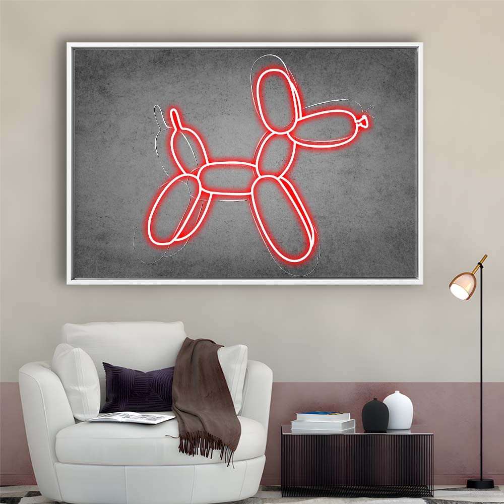 Red Balloon Dog Art Print, Framed Canvas Print Wall Art Decor, Floating Frame, Neon Effect Art