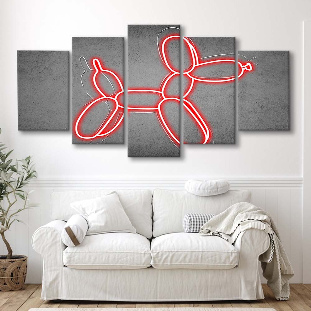 Red Balloon Dog Art Print, 5 Panel Mixed Canvas Print Wall Art, Home Decor, Neon Canvas