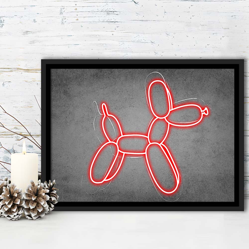 Red Balloon Dog Art Print, Framed Canvas Print Wall Art Decor, Floating Frame, Neon Effect Art