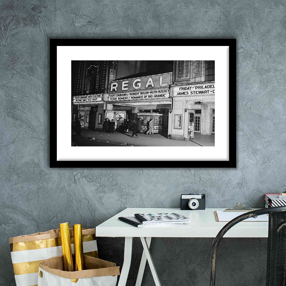 Regal Movie Theater at Night Vintage Chicago Photography Black and White Art, Framed Art Print White Border Wall Decor