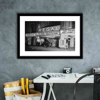 Regal Movie Theater at Night Vintage Chicago Photography Black and White Art, Framed Art Print White Border Wall Decor