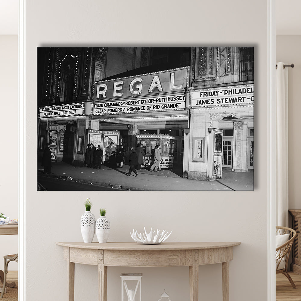 Regal Movie Theater at Night Vintage Chicago Photography Black and White Art, Canvas Print Wall Art Decor