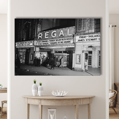 Regal Movie Theater at Night Vintage Chicago Photography Black and White Art, Canvas Print Wall Art Decor