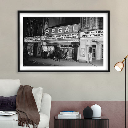 Regal Movie Theater at Night Vintage Chicago Photography Black and White Art, Framed Art Print White Border Wall Decor