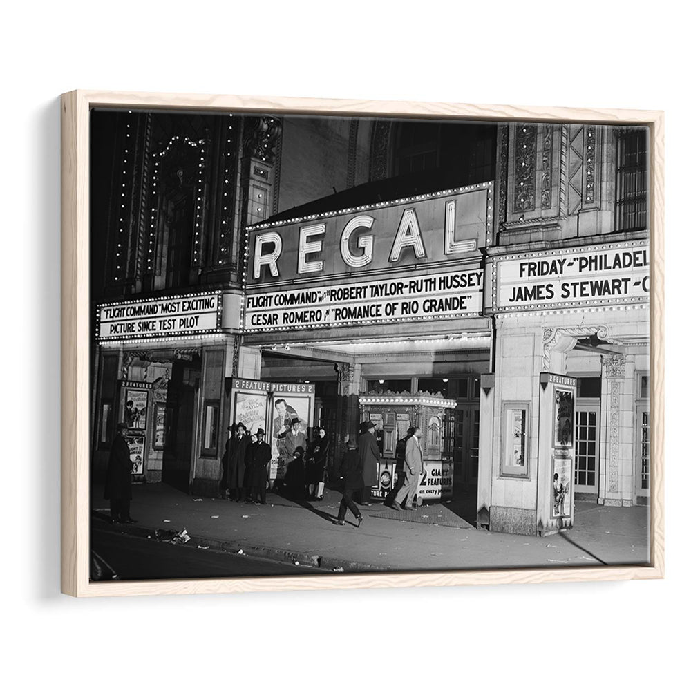 Regal Movie Theater at Night Vintage Chicago Photography Black and White Art, Floating Framed Canvas Print