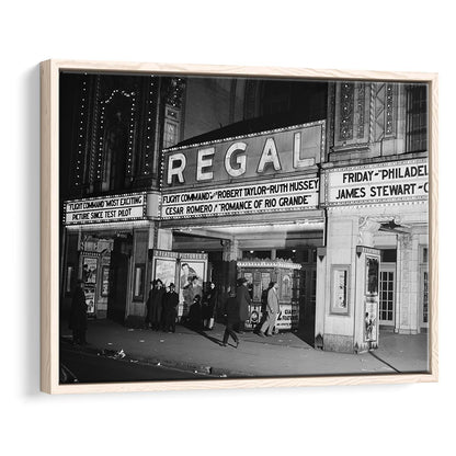 Regal Movie Theater at Night Vintage Chicago Photography Black and White Art, Floating Framed Canvas Print