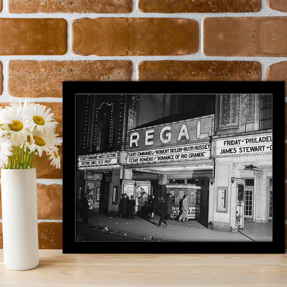 Regal Movie Theater at Night Vintage Chicago Photography Black and White Art, Framed Art Print Wall Decor