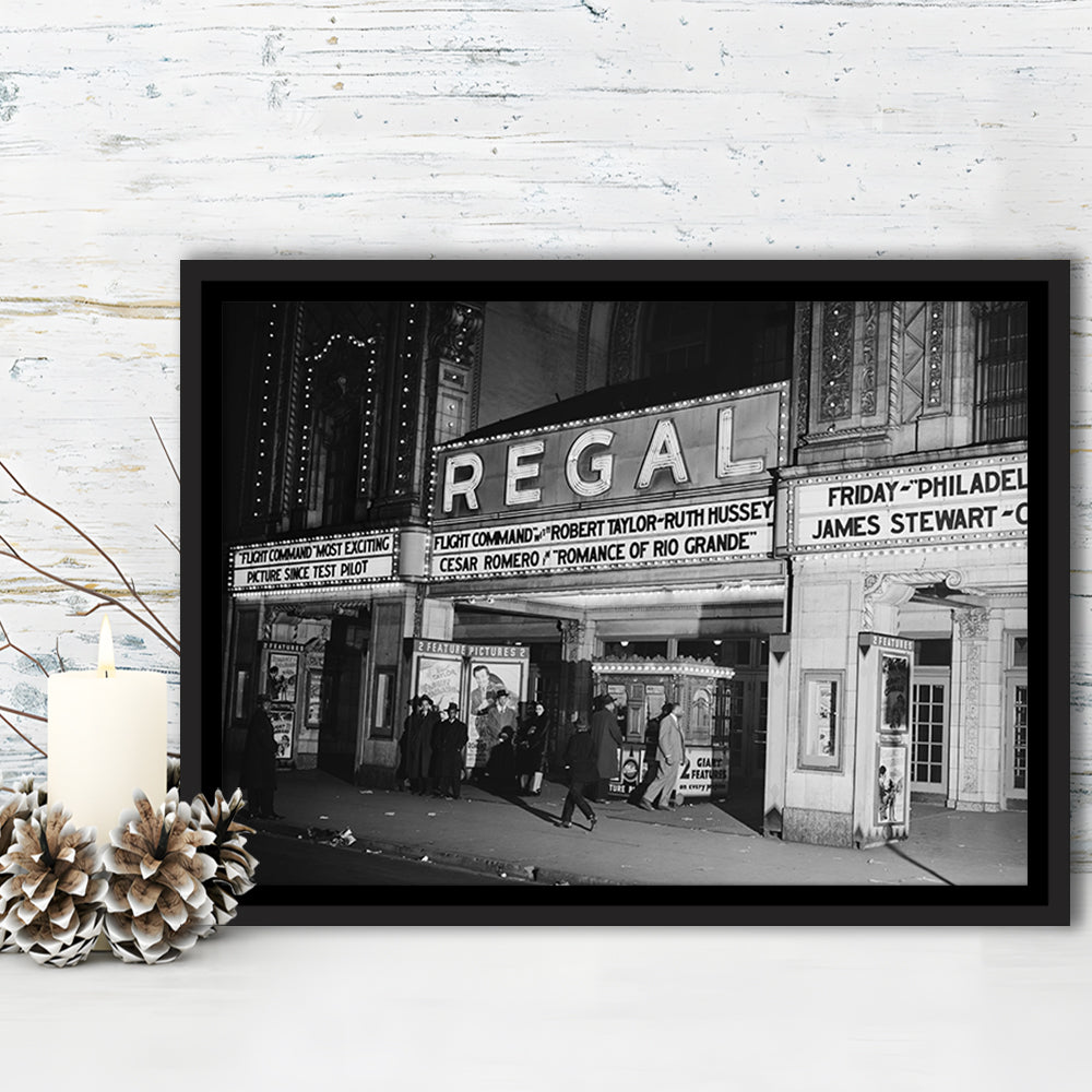 Regal Movie Theater at Night Vintage Chicago Photography Black and White Art, Floating Framed Canvas Print