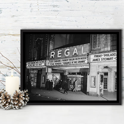 Regal Movie Theater at Night Vintage Chicago Photography Black and White Art, Floating Framed Canvas Print