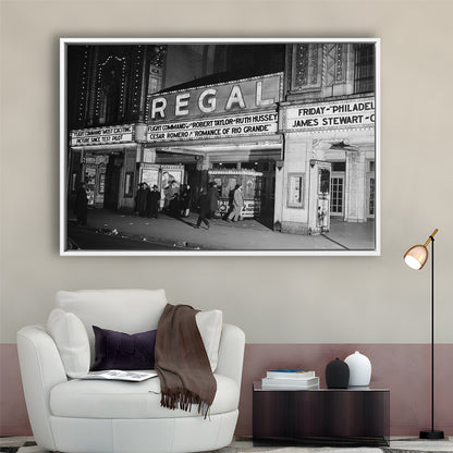 Regal Movie Theater at Night Vintage Chicago Photography Black and White Art, Floating Framed Canvas Print