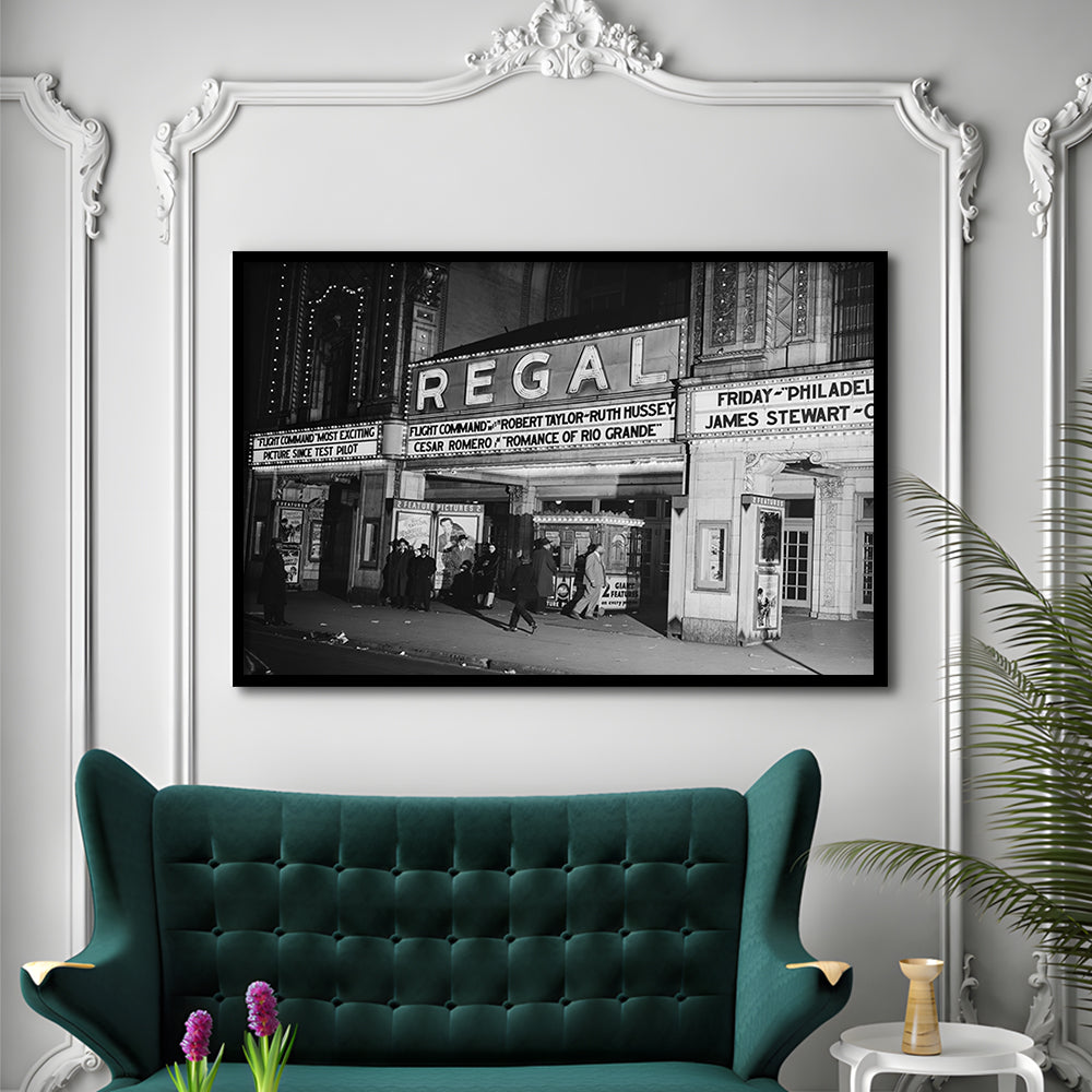 Regal Movie Theater at Night Vintage Chicago Photography Black and White Art, Framed Art Print Wall Decor