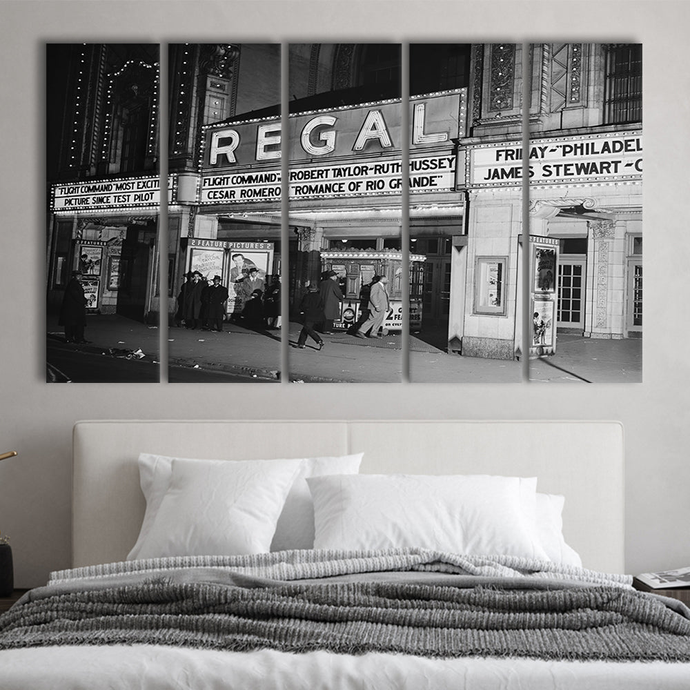 Regal Movie Theater at Night Vintage Chicago Photography Black and White Art, 5 Pieces Large Canvas Print