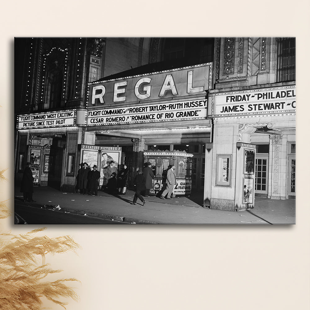 Regal Movie Theater at Night Vintage Chicago Photography Black and White Art, Canvas Print Wall Art Decor