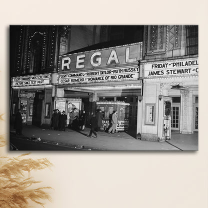 Regal Movie Theater at Night Vintage Chicago Photography Black and White Art, Canvas Print Wall Art Decor