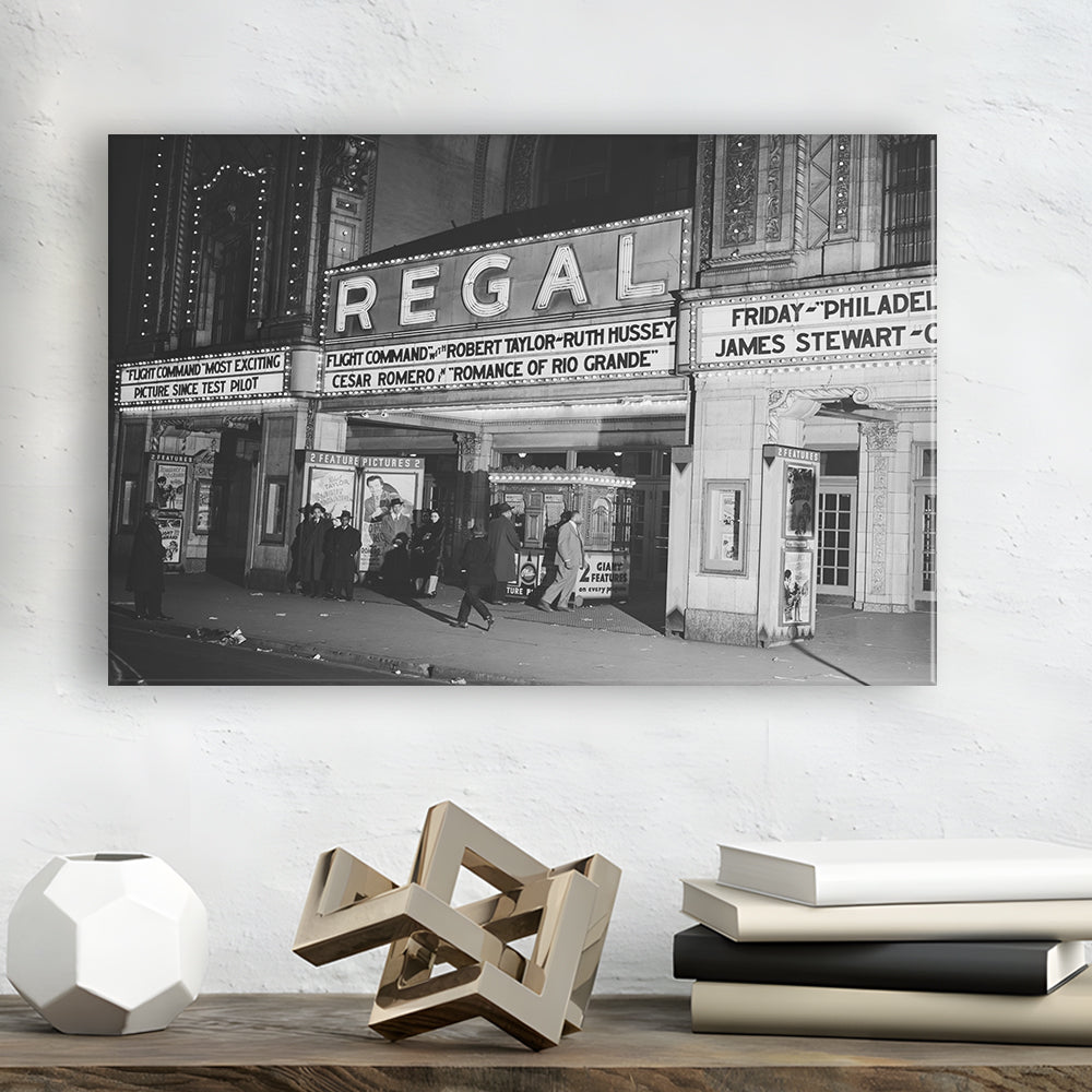 Regal Movie Theater at Night Vintage Chicago Photography Black and White Art, Canvas Print Wall Art Decor