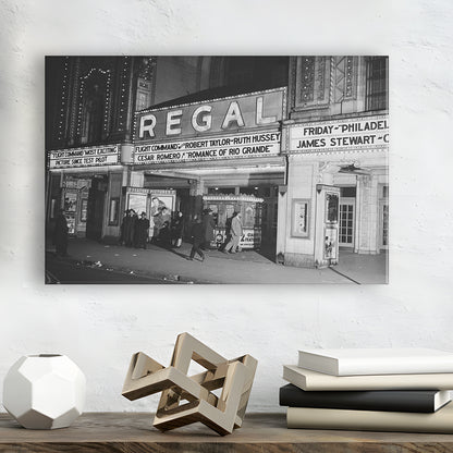 Regal Movie Theater at Night Vintage Chicago Photography Black and White Art, Canvas Print Wall Art Decor