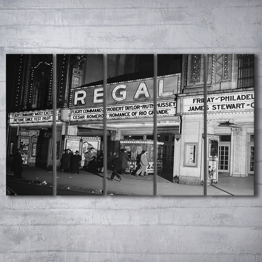 Regal Movie Theater at Night Vintage Chicago Photography Black and White Art, 5 Pieces Large Canvas Print